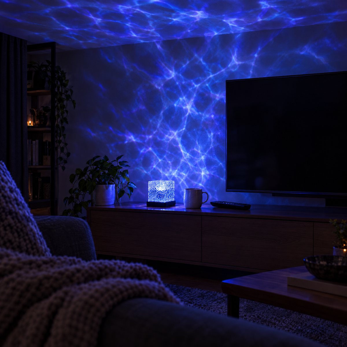 Hyggo Aurora Kubus op het tv-meubel, watereffect over het hele plafond