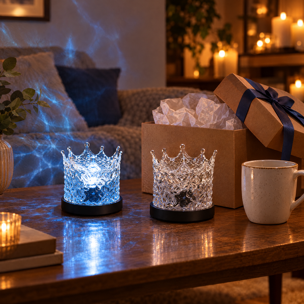 Twee Hyggo Aurora Kroon lampen naast een cadeaudoos