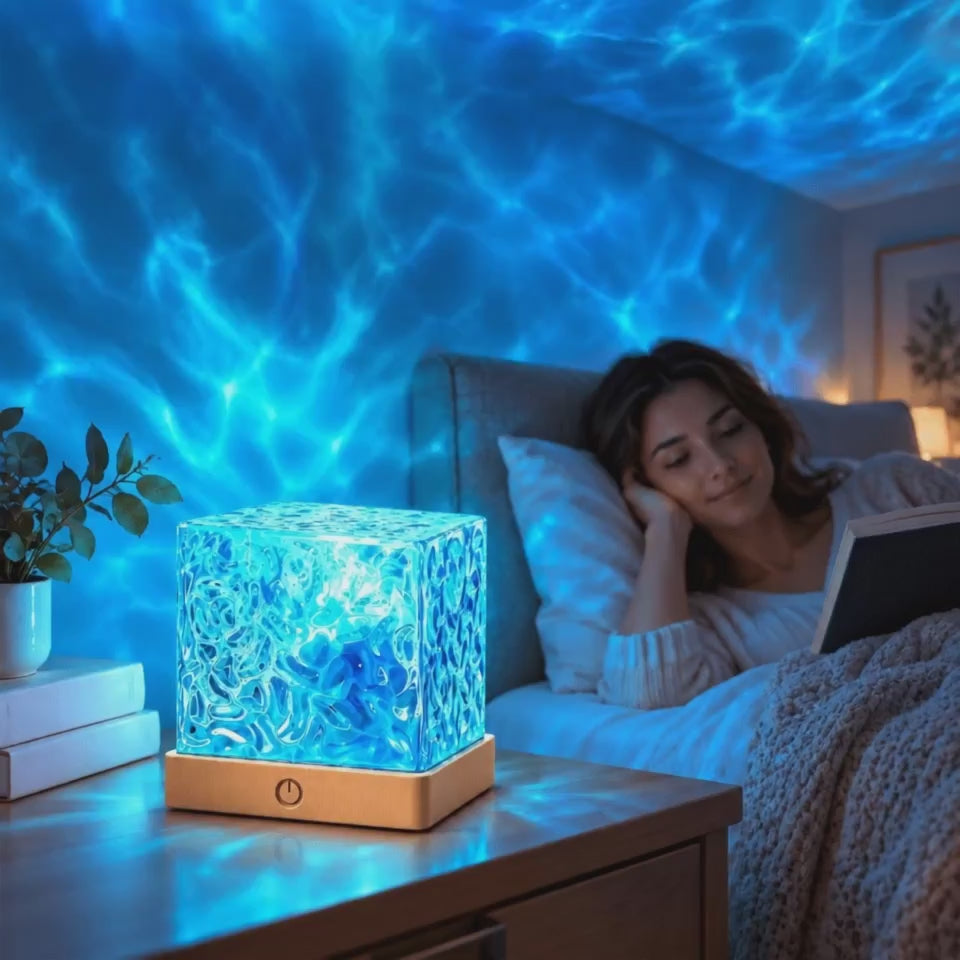 Hyggo Aurora Kubus met bewegend watereffect in de slaapkamer